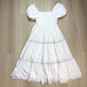 Rachel Zoe Maxi Dress Womens 12 White Floral Puff Sleeve Smocked Boho Cottage